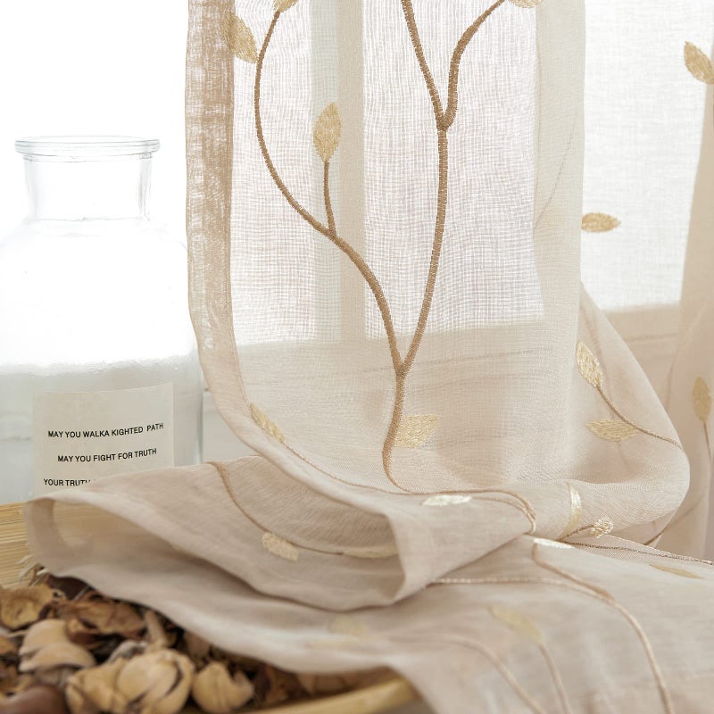 jinchan Sheer Curtains for Bedroom 63 Inch Length Leaf Embroidered Semi Sheers for Living Room Botanical Embroidery Voile Transparent Grommet Window Treatments 2 Panels - Image 4